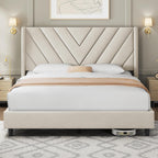 Yaheetech Queen Bed Frame with Chevron Channel-Tufted Headboard, Beige