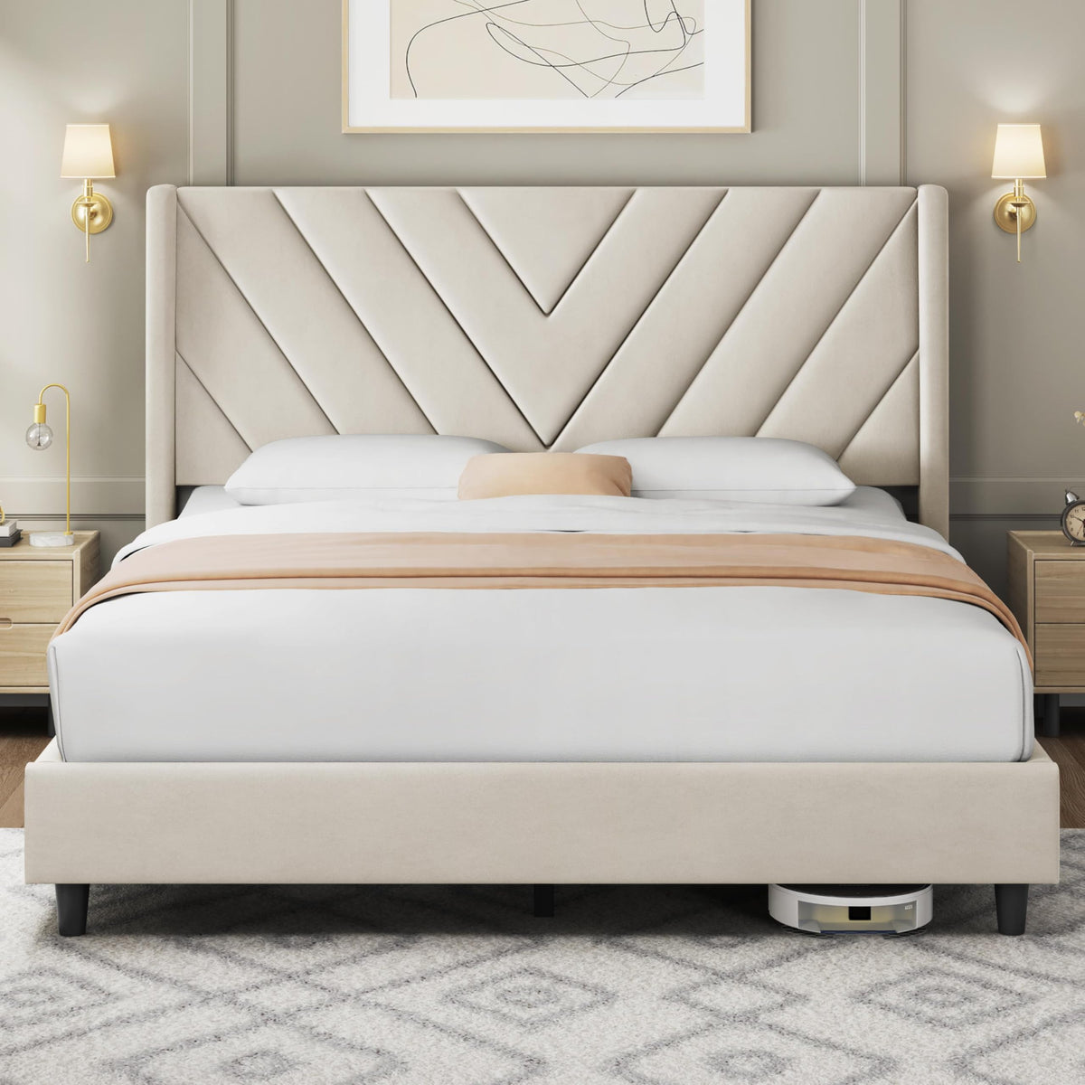 Yaheetech Queen Bed Frame with Chevron Channel-Tufted Headboard, Beige