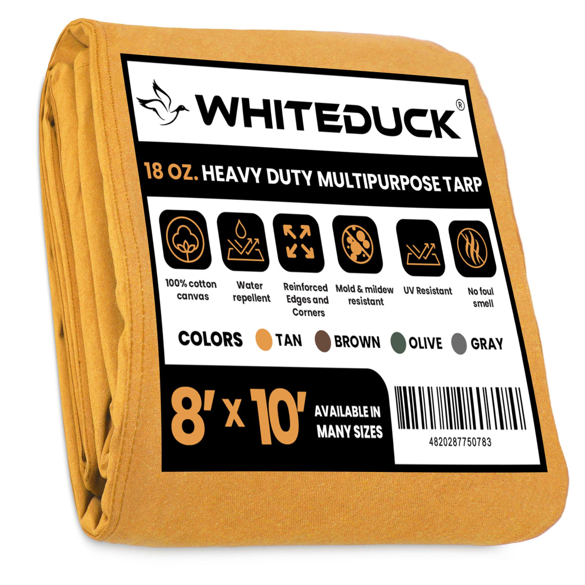 WHITEDUCK Canvas Tarp 18 oz. Heavy Duty Water Repellent UV Resistant, Rustproof Grommets, Industrial & Commercial Use Cloth Tarp (Cut Size: 8'x12', Finished Size: 7'6"x11'6", Olive Drab)