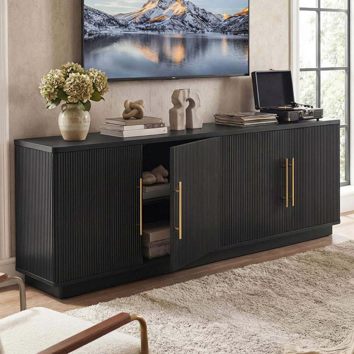 YITAHOME 70" TV Stand for up to 80" TVs with 4 Fluted Doors, Natural Oak
