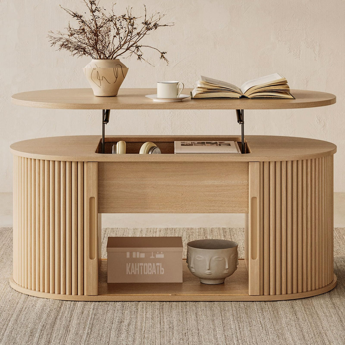 LINSY Lift Top Coffee Table, Round Fluted Coffee Table with Storage, Mid Century Modern Wooden Coffee Tables with Sliding Tambour Door, 31.5" Center Table for Living Room, Office, Small Space, Walnut