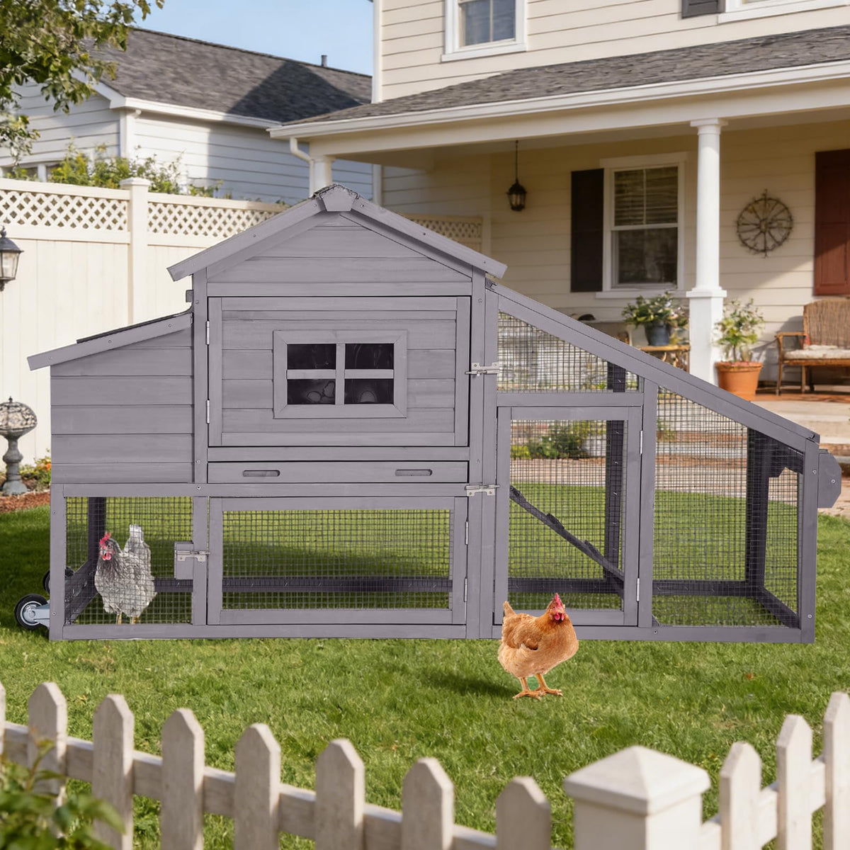 Mobile Chicken Coop with Wheels, Large Wooden Hen House with Run, Chicken Tractor with Waterproof Roof, Nesting Box & Pull-Out Tray, Outdoor Poultry Cage for Backyard Chickens/Rabbits (Grey)