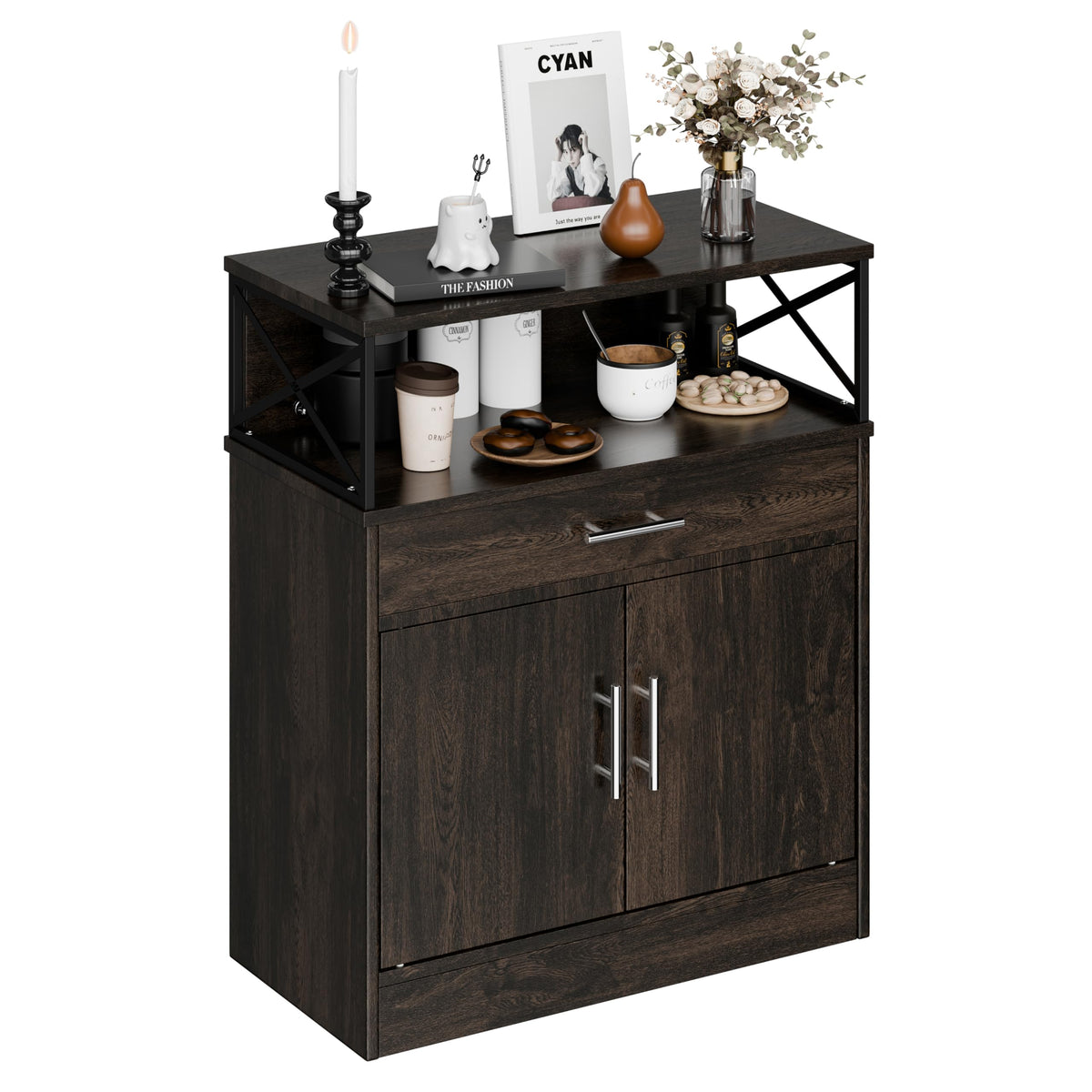 SUNLEI Coffee Bar Cabinet with Storage, Farmhouse Buffet Cabinet with 4 Doors & Adjustable Shelves, Kitchen Sideboard Cabinet for Coffee Station, Dining Room, Living Room & Home, White