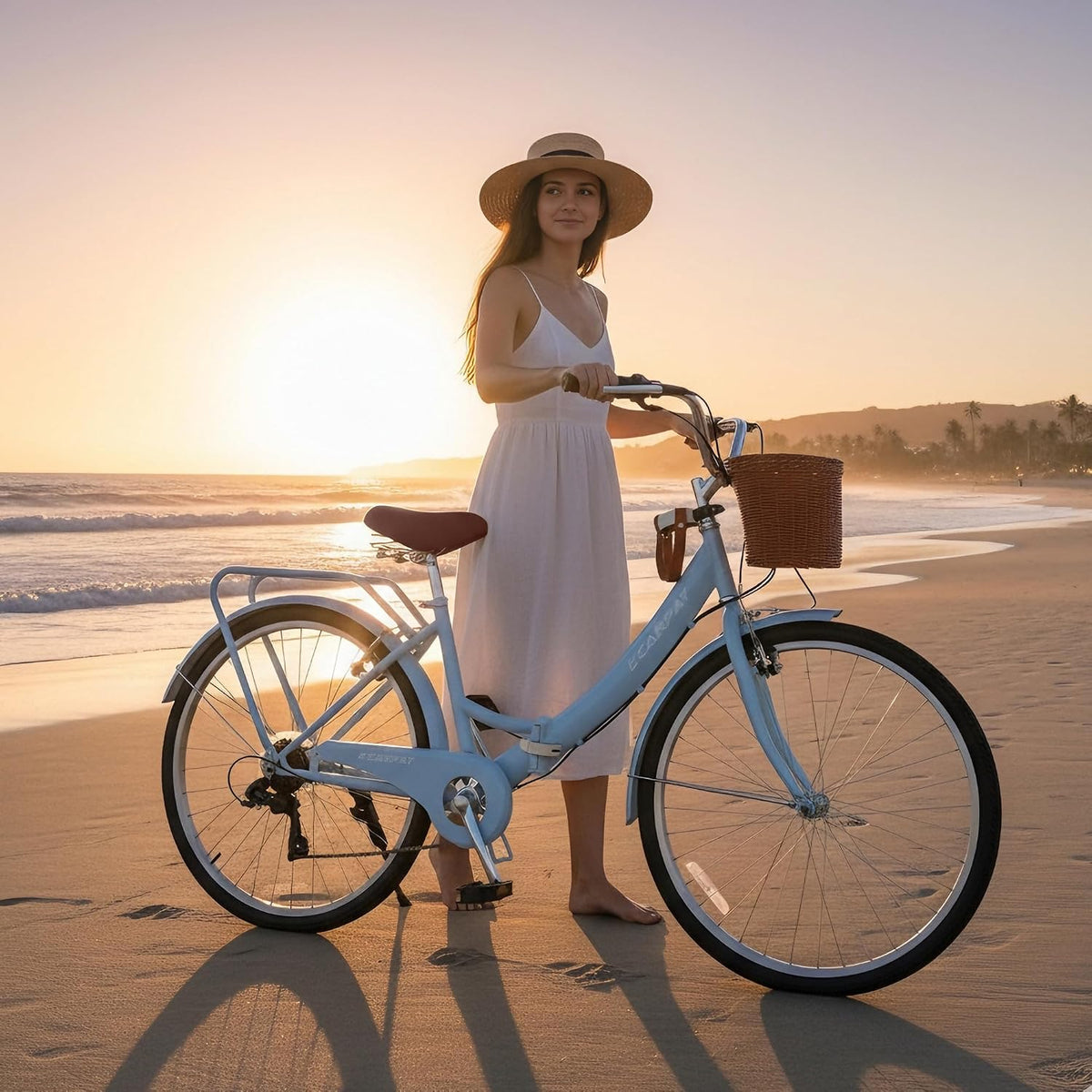 Ecarpat 26 Inch Folding Beach Cruiser Bike for Women, 7 Speed Comfortable City Bike with Rear Rack, Cup Holder and Basket, Steel Frame Commuter Foldable Bicycle with Dual V-Brakes for Adults