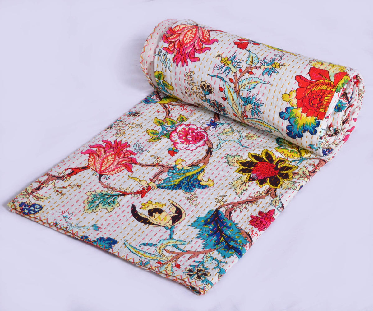 YUVANCRAFTS Indian Block Print Quilt Queen Kantha Quilts Kantha Throw Kantha Bedspread Blanket Cotton Bed Cover Vintage Quilt Boho Kantha Quilts Queen Size Quilt Blanket (Queen 90 X 108 Inch, White 4)