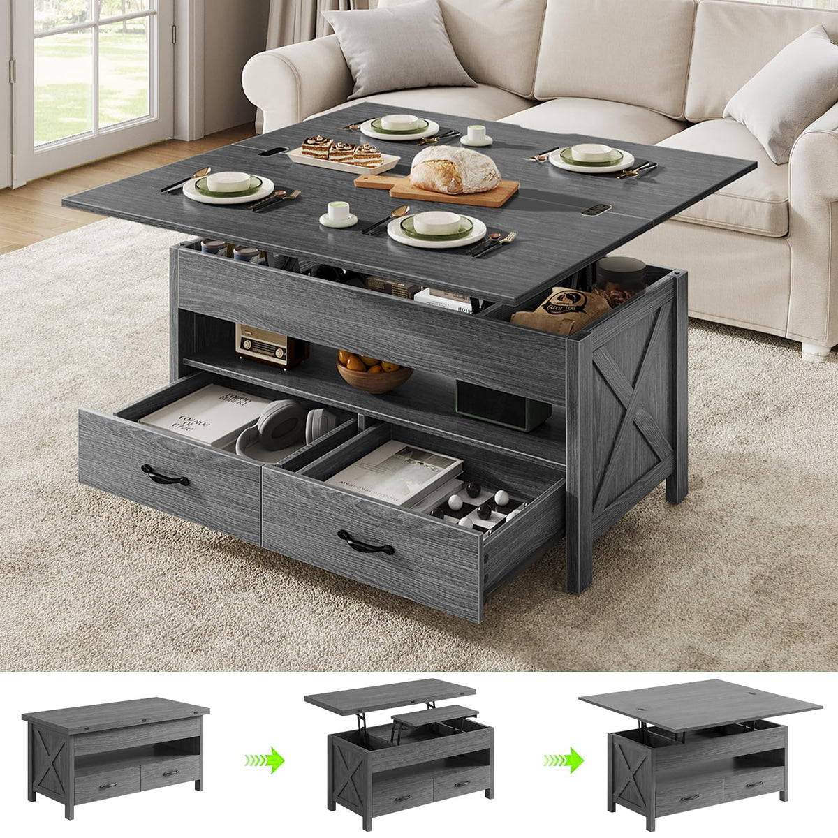 Marsail 40" Lift Top Coffee Table, 4 in 1 Coffee Table with Hidden Compartment, 1 Open Shelf and 2 Drawers, Multifunctional Farmhouse Center Table for Living Room and Home Office, Brown and White