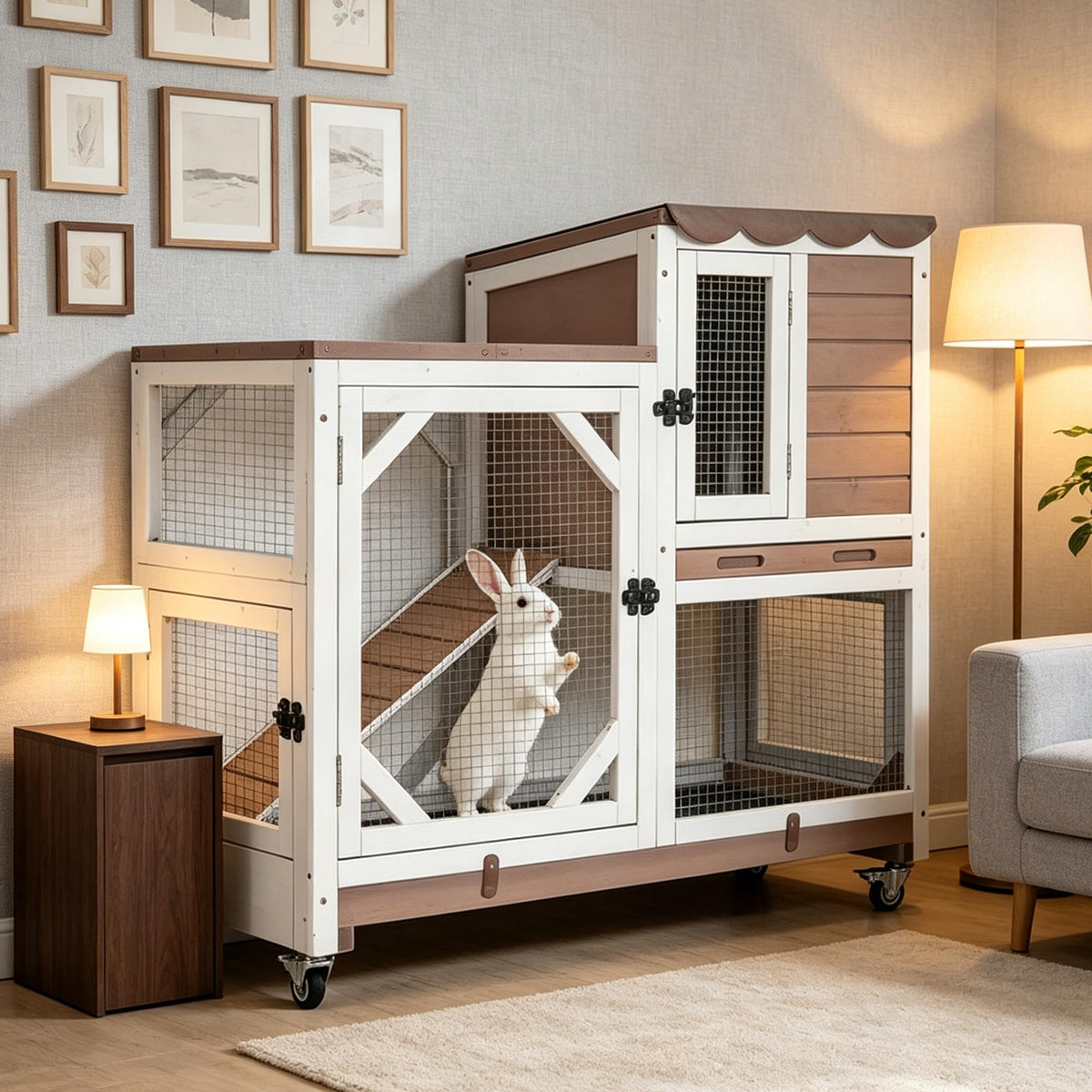 GUTINNEEN Wooden Duplex Rabbit Cage on Wheels with Chew-Proof Ramp, Grey