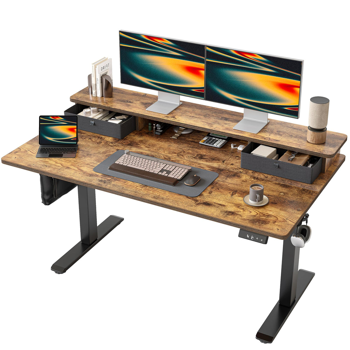 TIQLAB Standing Desk with Two Drawers, Stand Up Standing Desk Adjustable Height, Electric Sit Stand Table with Storage Shelf and Splice Board, with LED Light, 55 * 28 inch, Maple