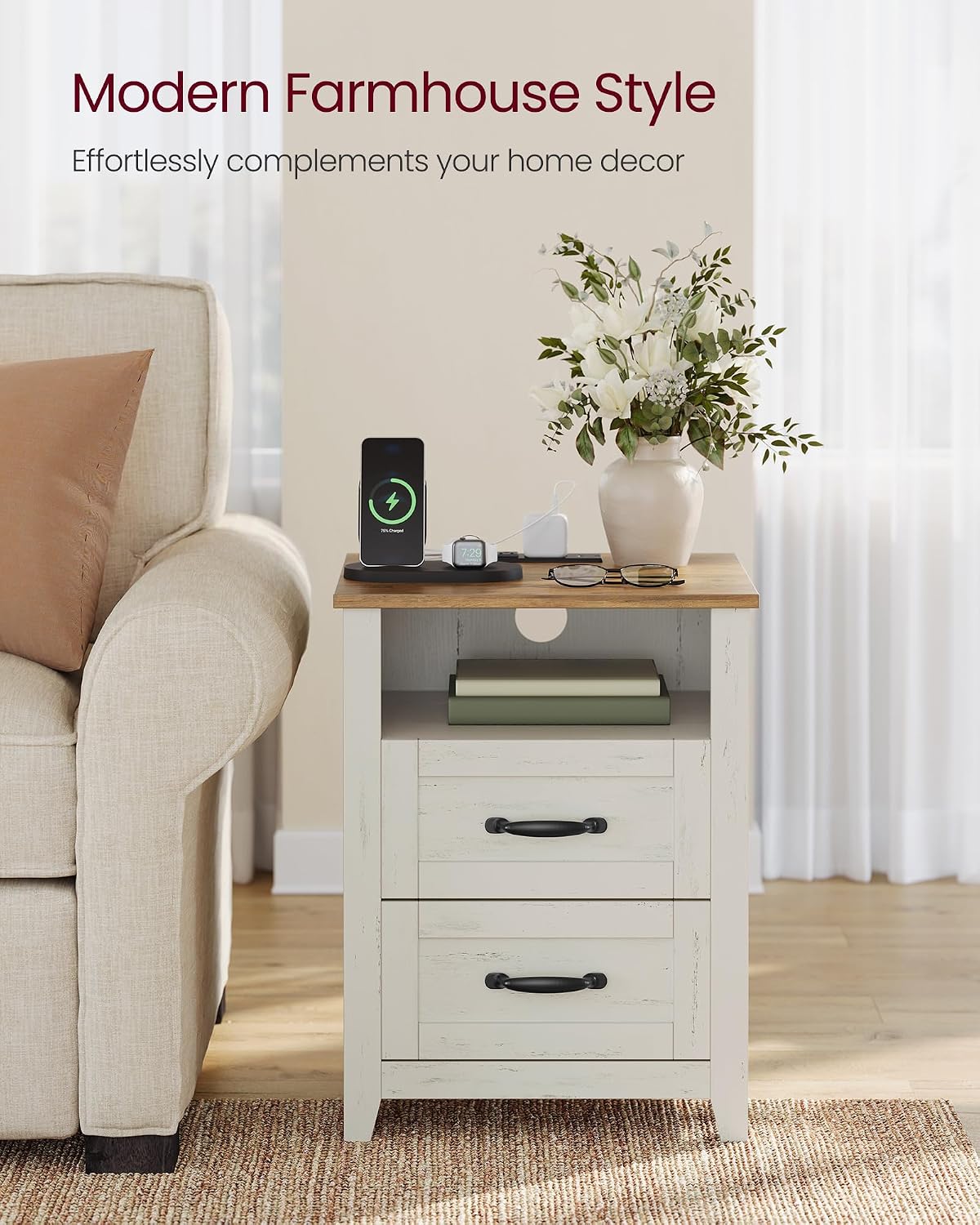 VASAGLE Set of 2 Nightstands with 2 Drawers and Charging Station