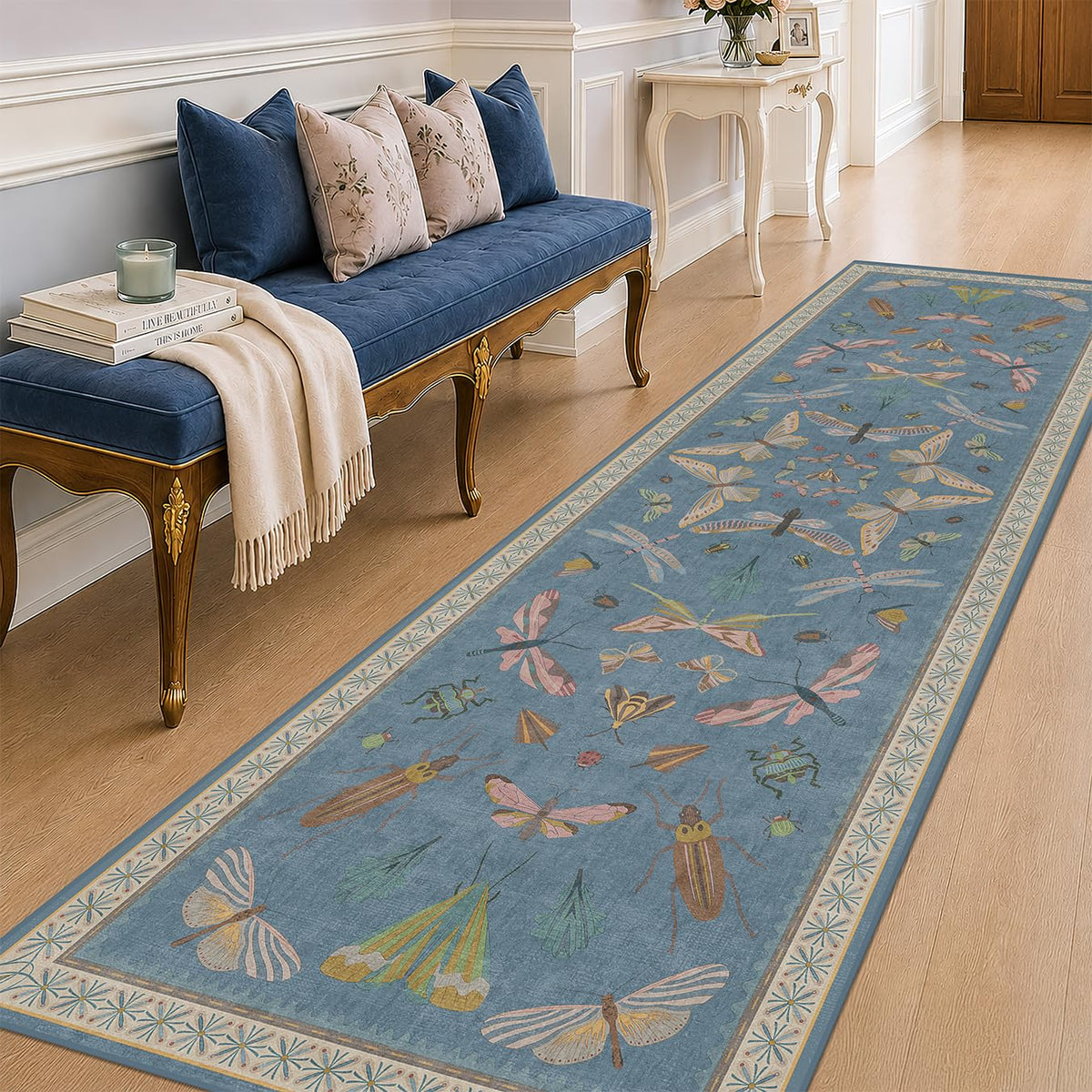 Hazo Haus Dark Green Insect Area Rugs 8x10 for Living Room, Dining Room Under Table, Bedroom, Unique Washable Floral Non Slip Low Pile Soft Rug
