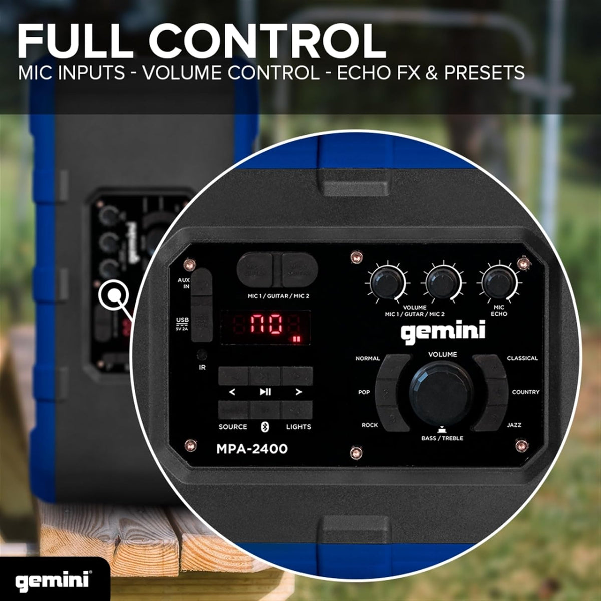 Gemini Portable Party Speaker with Wheels, LED & Mic, Blue (MPA-2400)