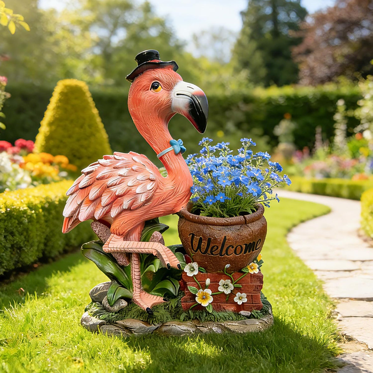 26" Outdoor Garden Sculpture Flamingo Flower Pot Planter with Solar LED Lights, Cute Resin Succulent Pot for Garden, Porch & Home Decor (Pink+Left)