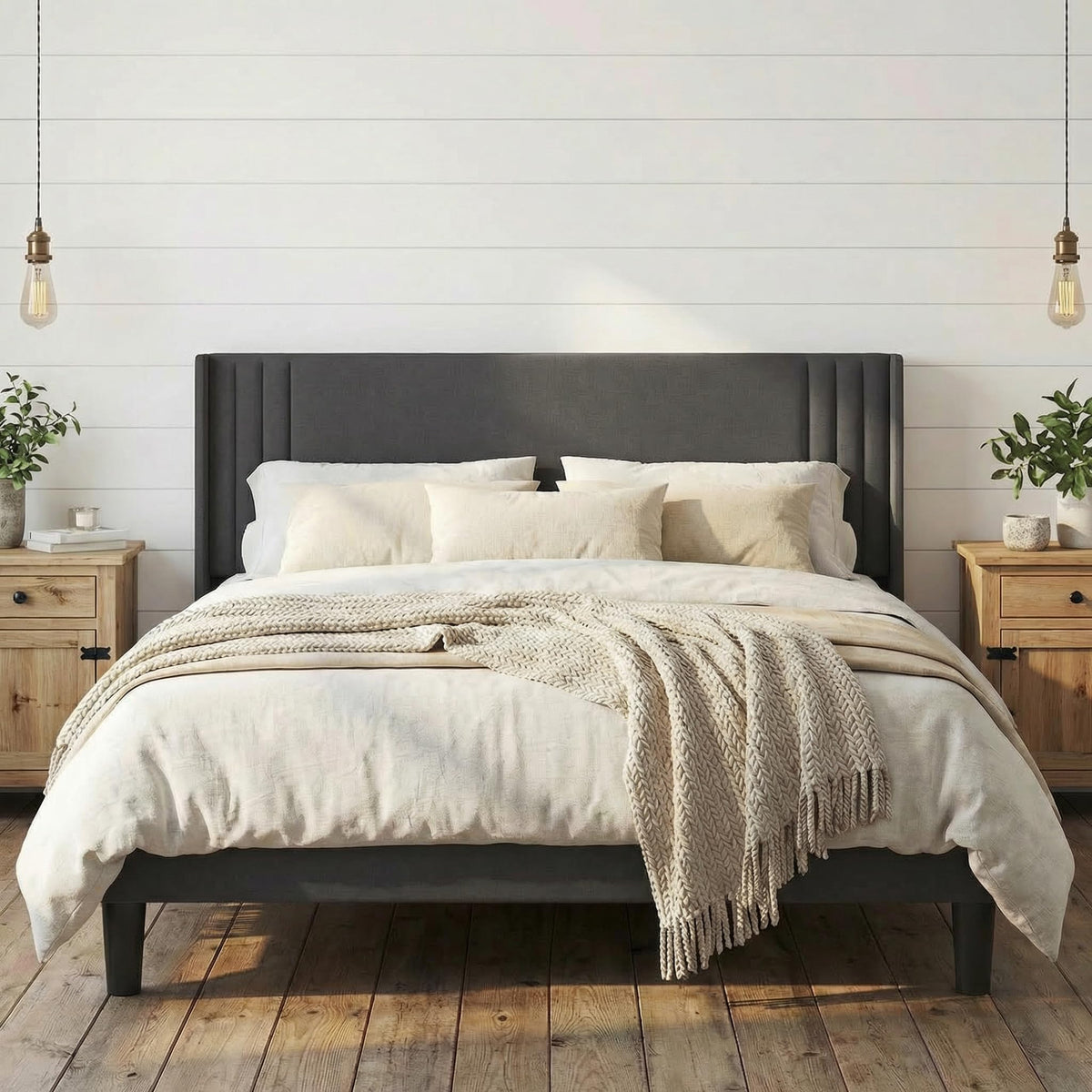 Gizoon Queen Bed Frame with Wingback Headboard, Upholstered Platform Bed