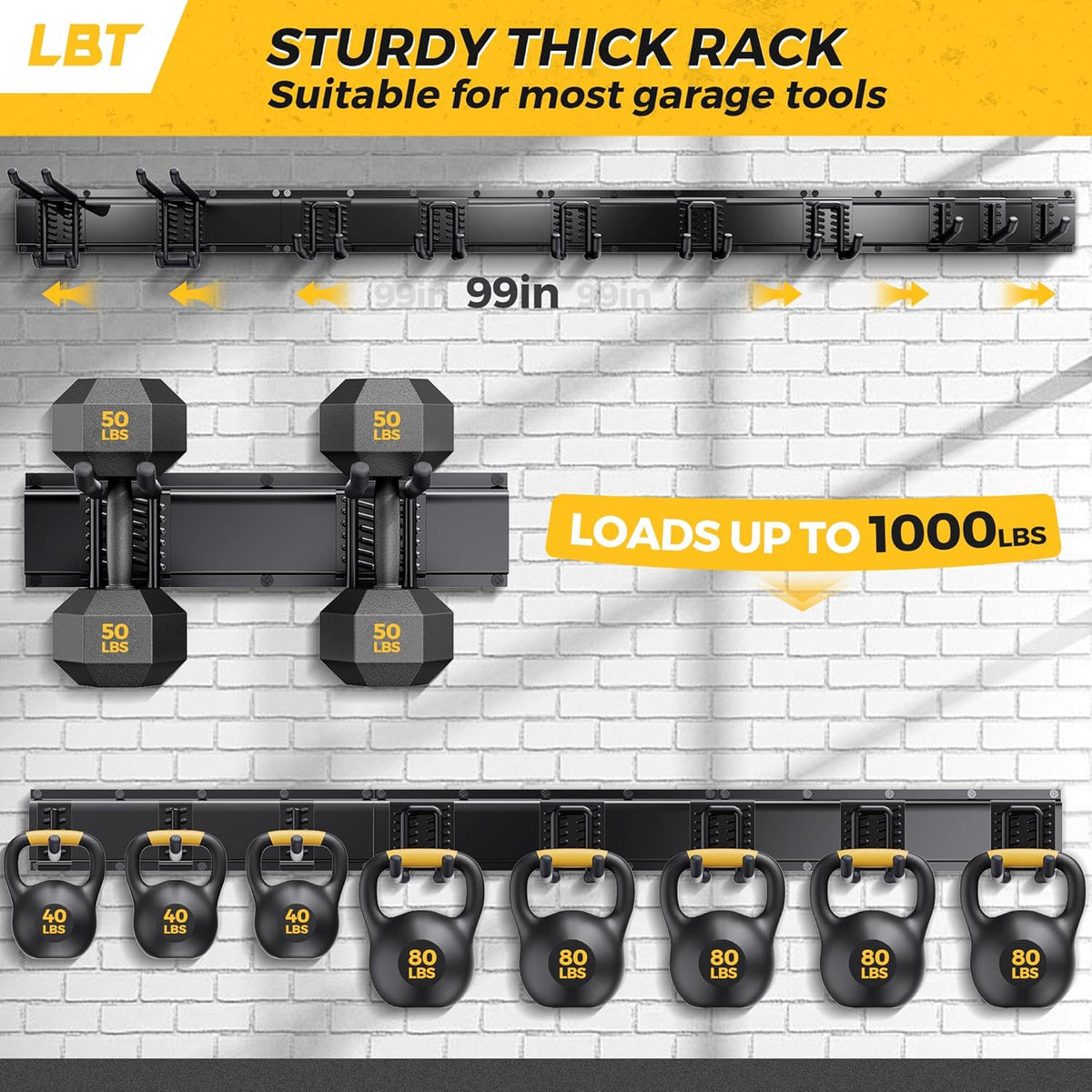 LBT 99" Garage Tool Organizer Wall Mount - 1000lbs Garden Tool Organizer