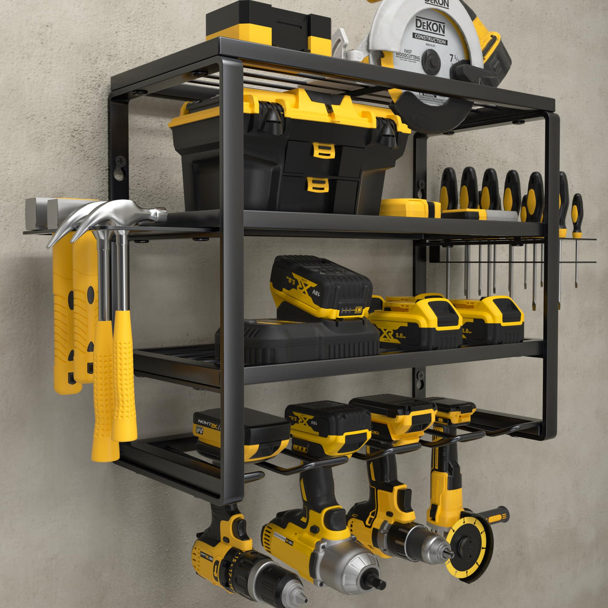 YYR Large Power Tool Organizer Wall Mount, Heavy Duty Metal Cordless Drill Storage Rack with Battery Charging Station Shelf, Utility Racks for Garage Organization, 4 Layer 10 Drills Holder Extra Tall