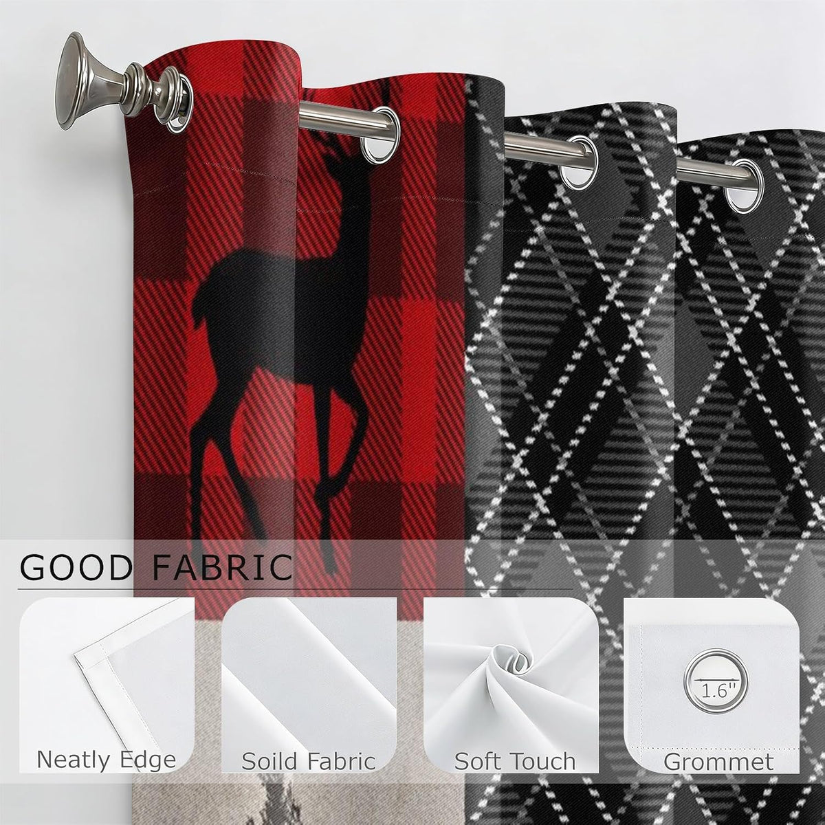 Rustic Woodland Blackout Curtains 108 Inch Long 2 Panels, Buffalo Plaid Patchwork Wildlife Bear Deer Silhouette Pine Grommet Drapes, Thermal Insulated Window Treatments for Living Room