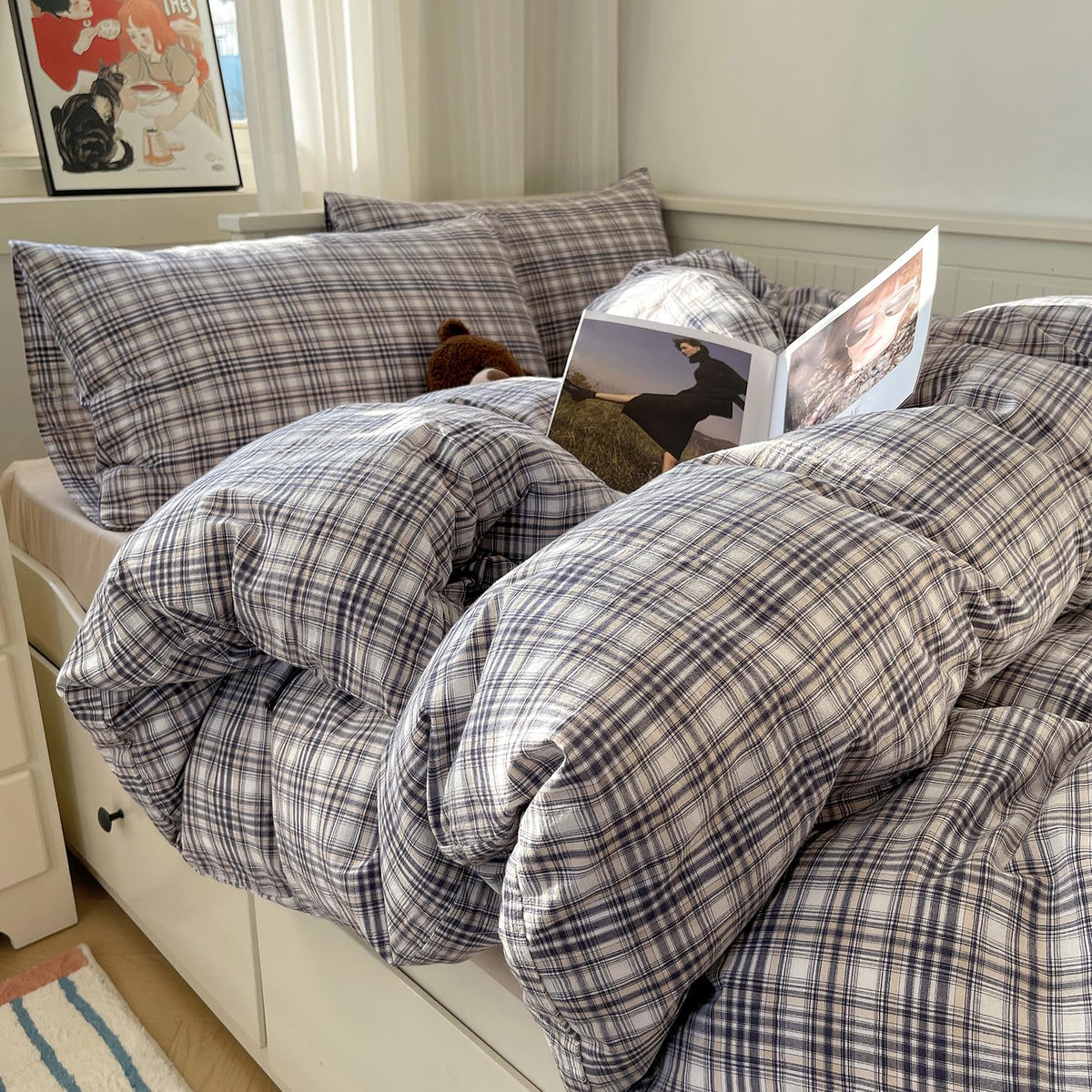 mixinni Vintage Buffalo Plaid Duvet Cover Set Queen Size - 3 Piece Washed Cotton Bedding Set with Grid Pattern, Soft & Breathable Duvet Cover with Pillowcases for All Seasons,(Brown & Blue,Beige)