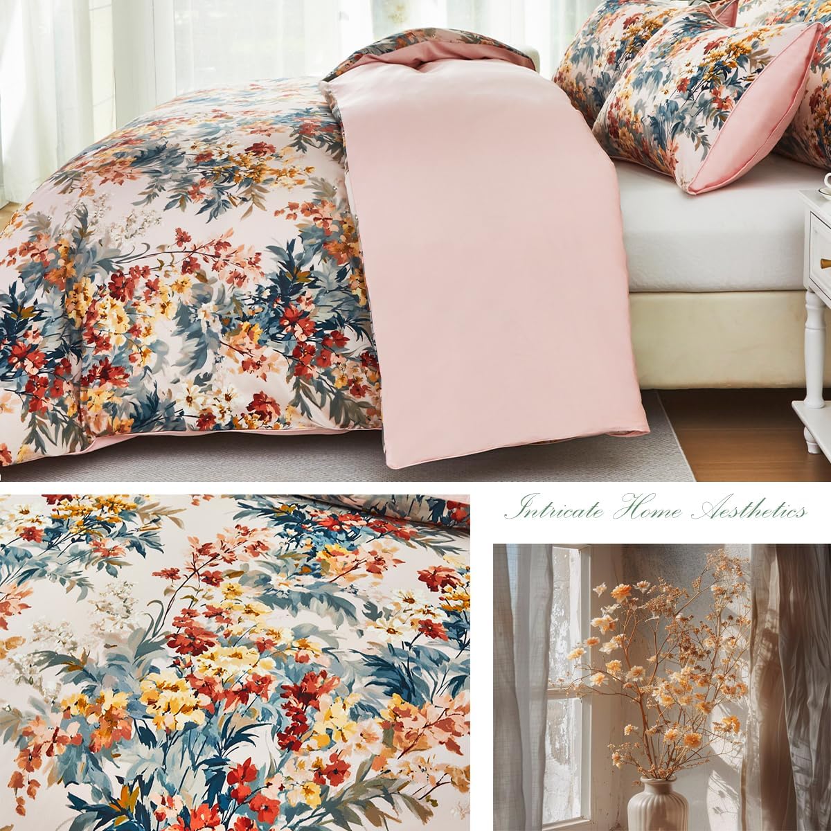 URBONUR 100% Cotton Floral Queen Duvet Cover Set 3-Pieces Botanical Bedding