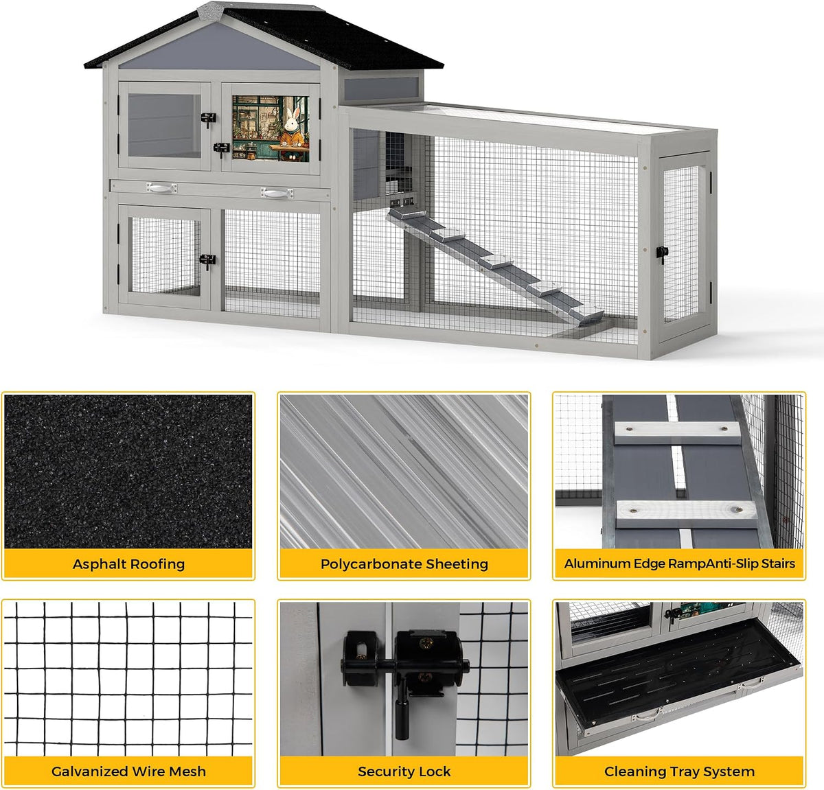 COZIWOW Grey 58.5in Outdoor Wooden Rabbit Hutch, Bunny Cage