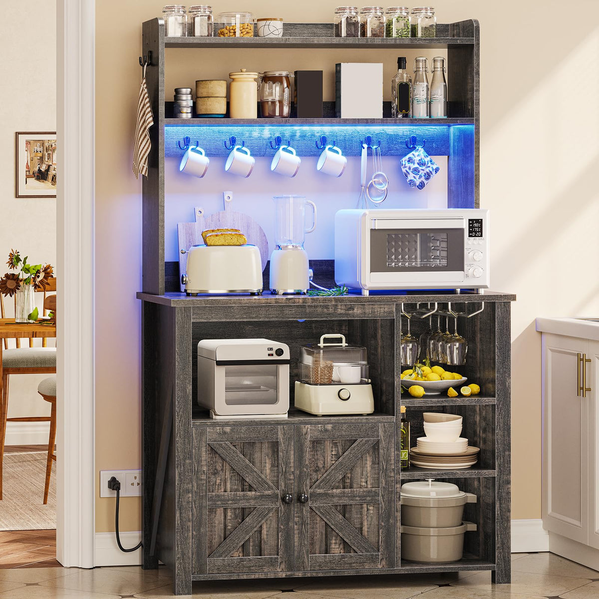 Itaar Farmhouse Bakers Rack Coffee Bar Cabinet with Storage, Power Outlet