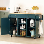 HLR Farmhouse Kitchen Island On Wheels, Teal Green