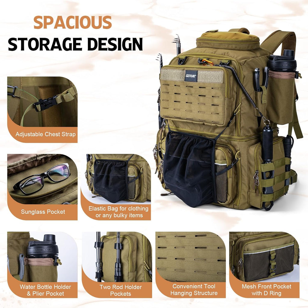 Goture Fishing Backpack with Cooler, 4 3600 Tackle Boxes,2 Rod Holders
