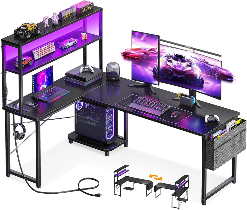 AODK L Shaped Desk Gaming Desk with LED Light & Power Outlet