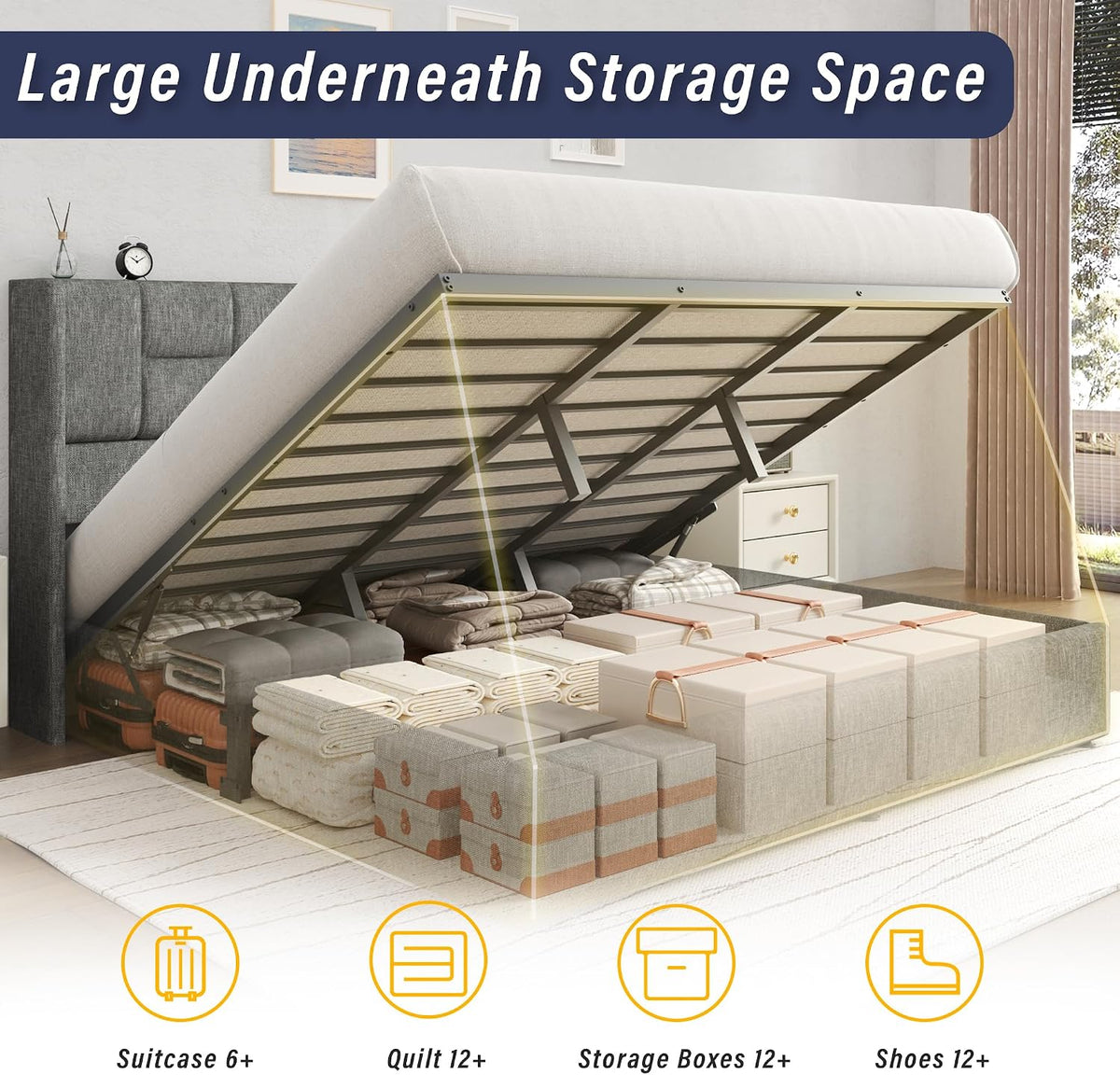 King Bed Frame with Hydraulic Gas Lift Up Storage, Linen Upholstered