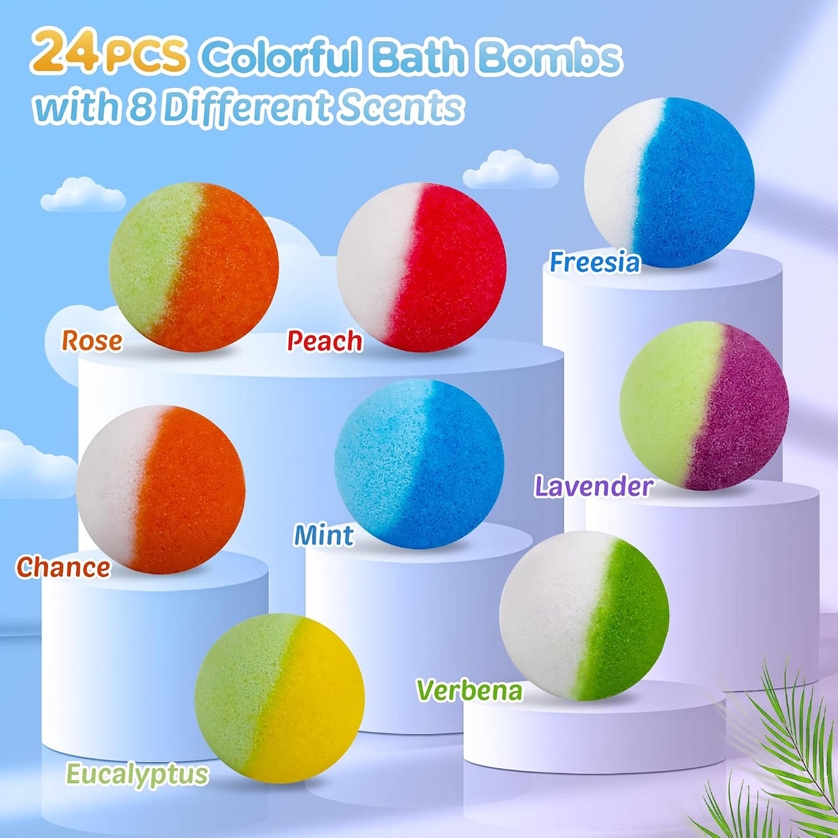 Bath Bombs for Kids, 24pcs Bath Bombs with Glow in The Dark Surprise Inside, Natural and Organic Colorful Bubble Bath Fizz for Kids, Perfect Birthday, Halloween, Or Christmas Gift for Boys and Girls!