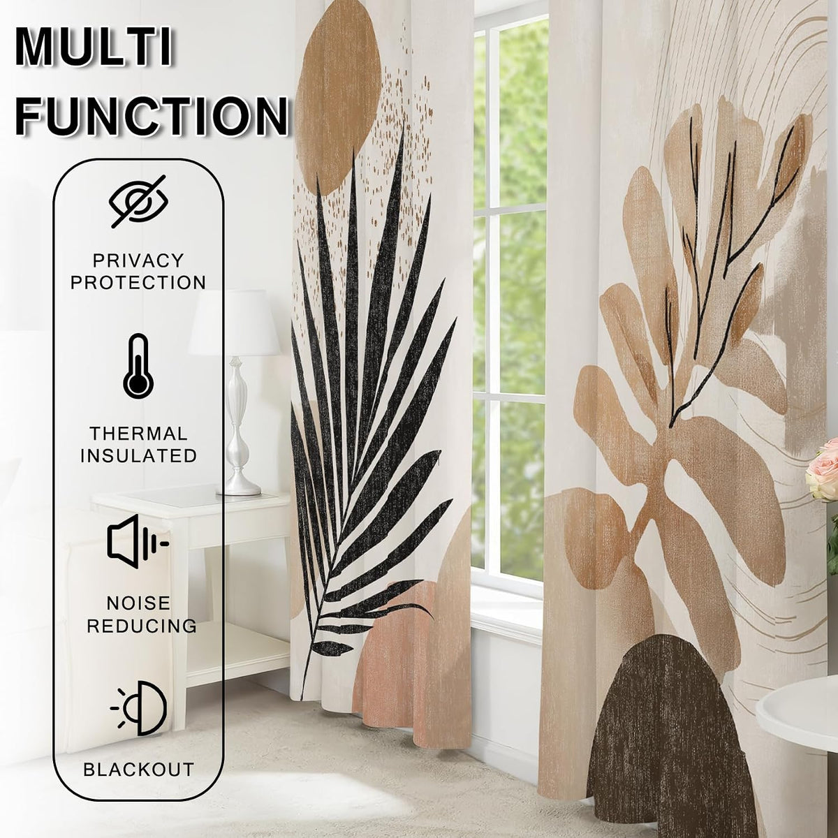 Boho Mid Century Blackout Curtains, Thermal Insulated Room Darkening Grommet Drapes for Bedroom Living Room, Modern Abstract Leaf Geometric Window Treatments, 108 Inch Drapes 2 Panel Set