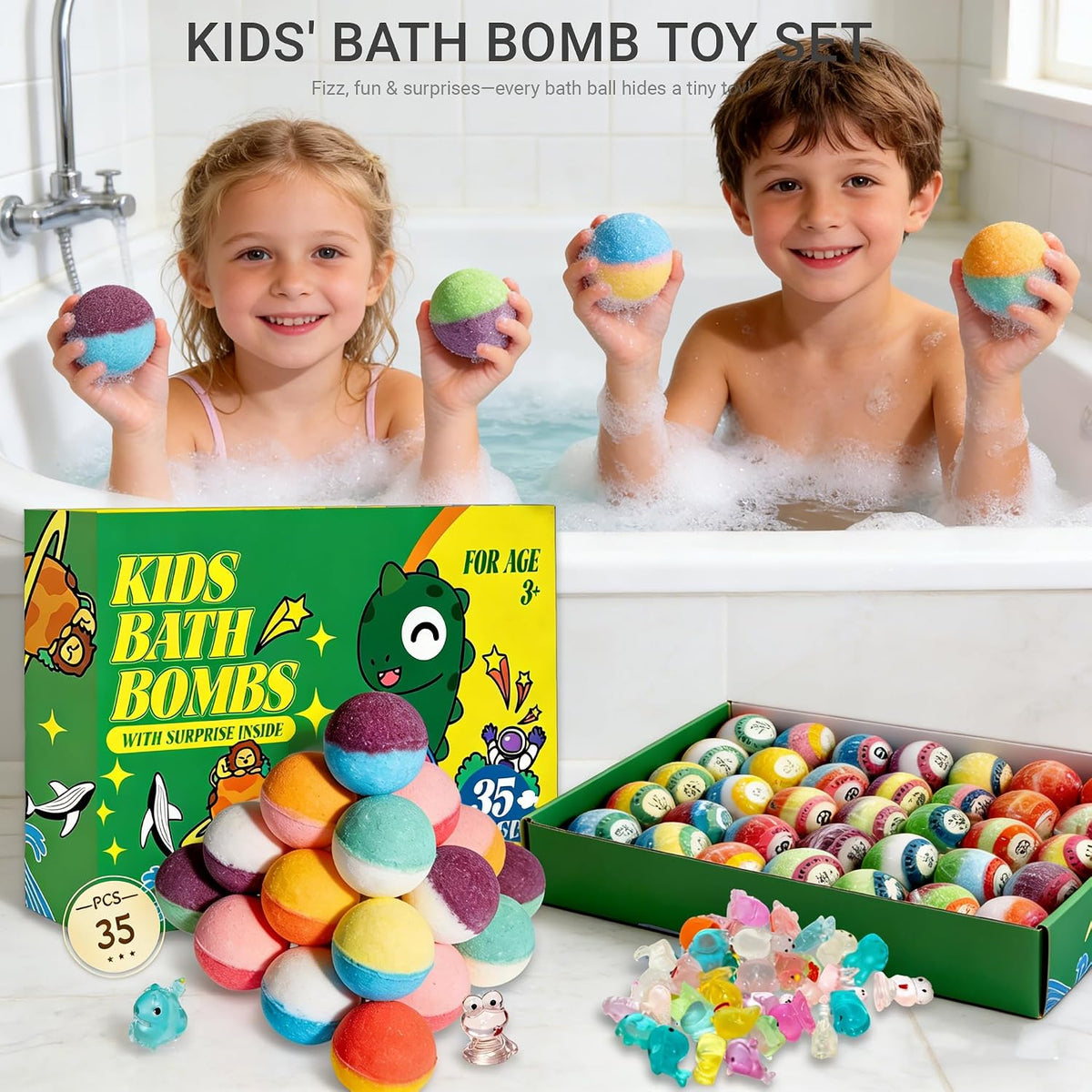 Bath Bombs with Surprise Inside, 35 Pcs Kids Bath Bombs Gift Set with Glow-in-The-Dark Animal Toys, Child-Safe Natural Bubble Fizzy, Perfect Easter Basket Stuffers & Birthday Gifts for Girls & Boys