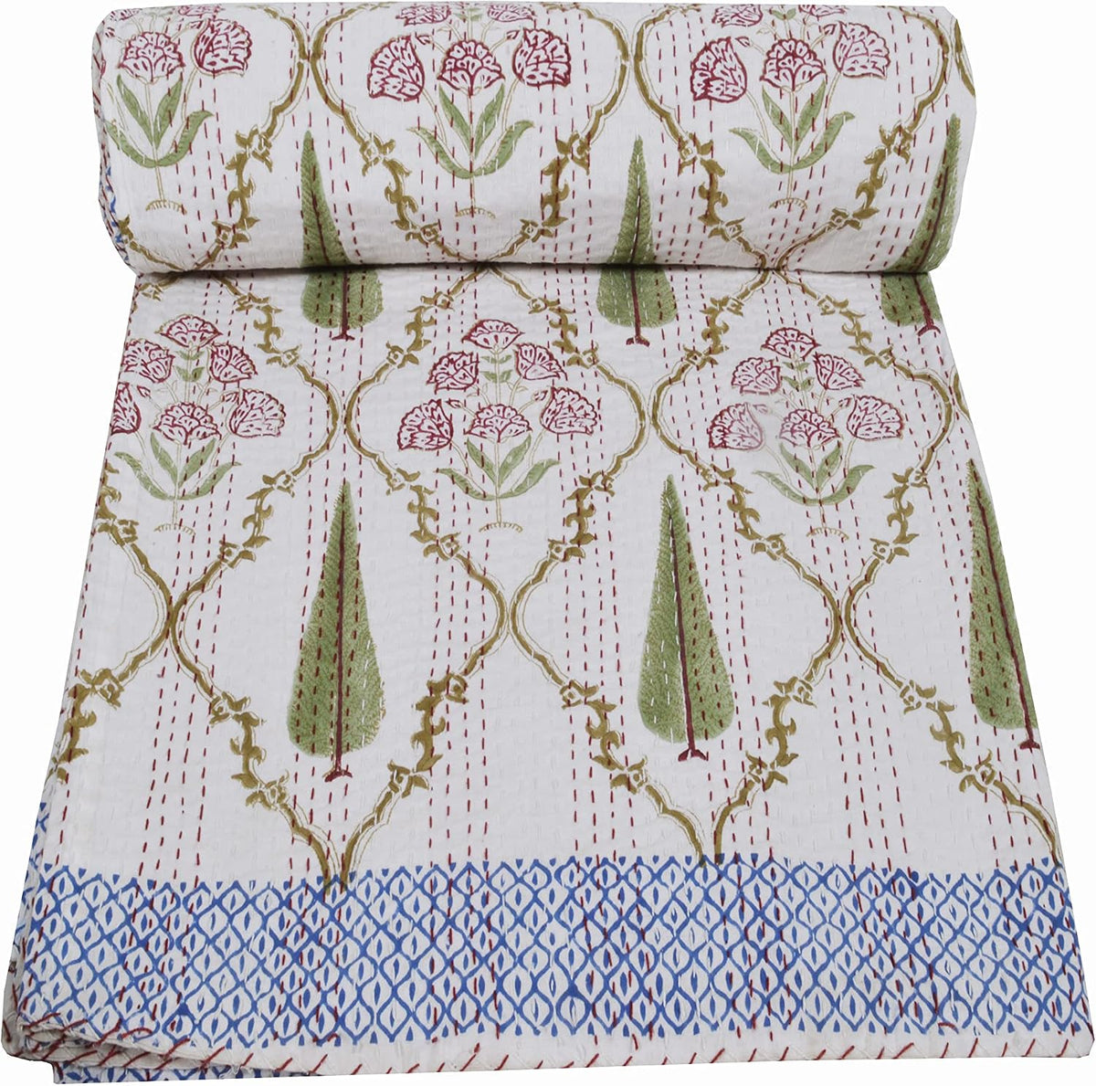 YUVANCRAFTS Indian Block Print Quilt Queen Kantha Quilts Kantha Throw Kantha Bedspread Blanket Cotton Bed Cover Vintage Quilt Boho Kantha Quilts Queen Size Quilt Blanket (Queen 90 X 108 Inch, White 4)