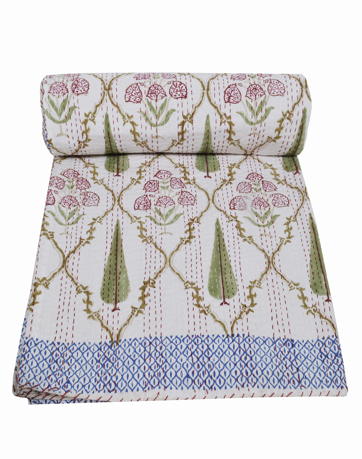 YUVANCRAFTS Indian Block Print Kantha Quilt Queen Size 90 x 108 Inch White 6-100% Cotton Bedspread Blanket Bed Cover Throw Vintage Boho