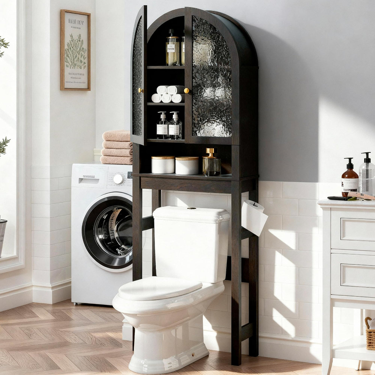 HMstone Over The Toilet Storage Cabinet, Arched Bathroom Organizer and Storage with Rattan Doors and Adjustable Shelf, Space-Saving Freestanding Bathroom Modern Storage Cabinet Over Toilet (Natural)