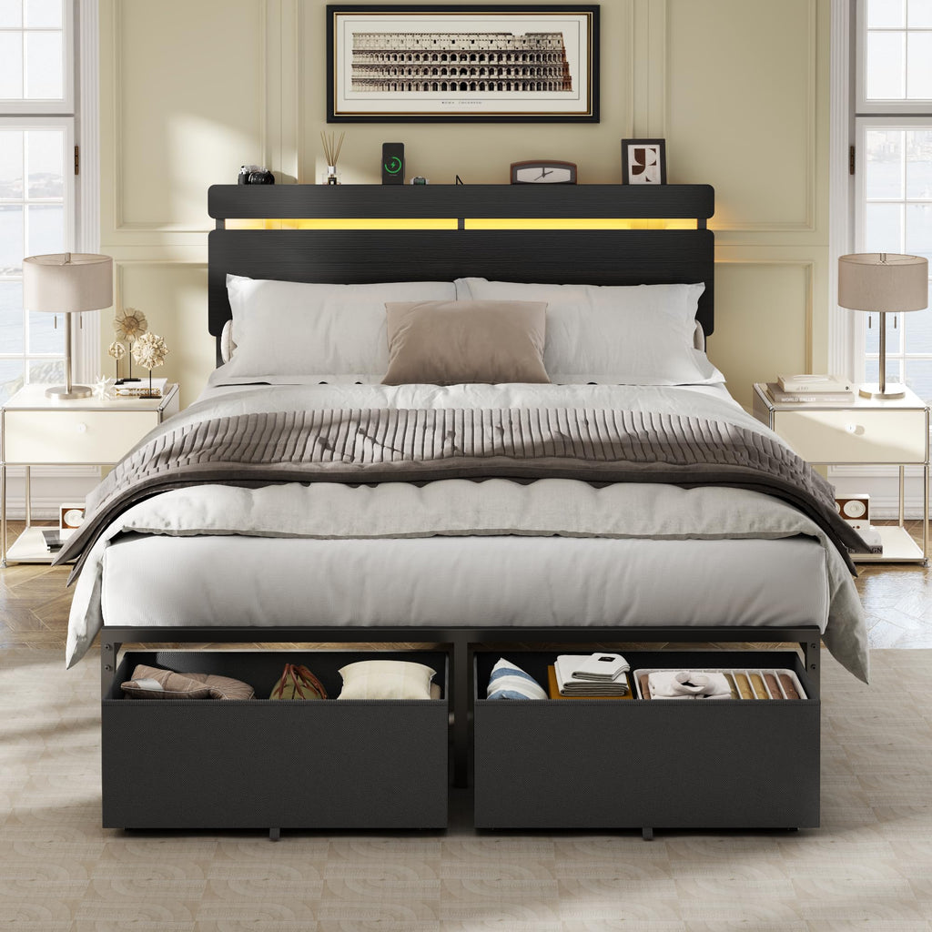 Forestell Queen Bed Frame with Wood Headboard,2 Storage Drawers & Shelf