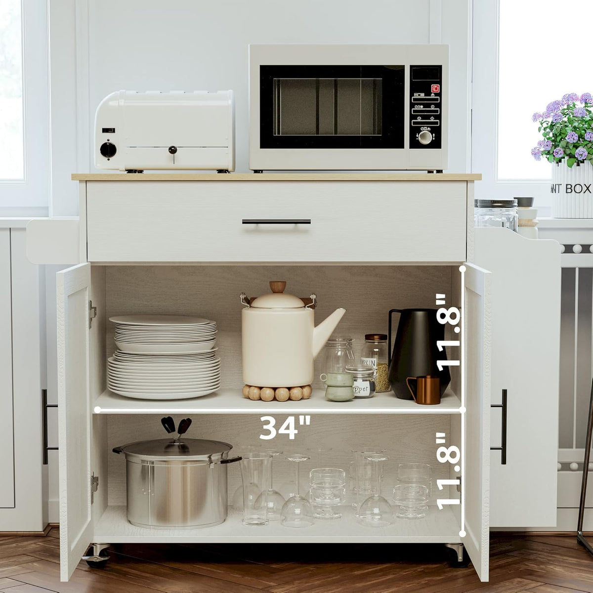 IRONCK Kitchen Island with Storage, Charging Station and Drop Leaf, White