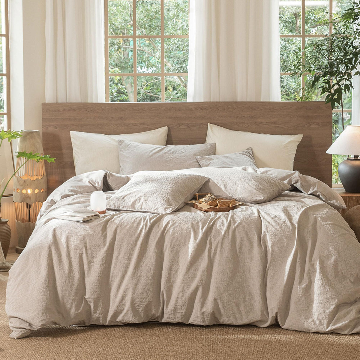 MooMee Striped Duvet Cover Set 100% Washed Cotton Linen Like Queen