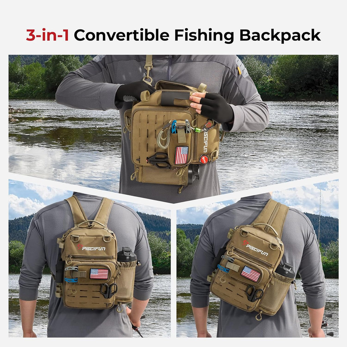 Piscifun Fishing Tackle Backpack, 3-Way Carry with Rod Holders