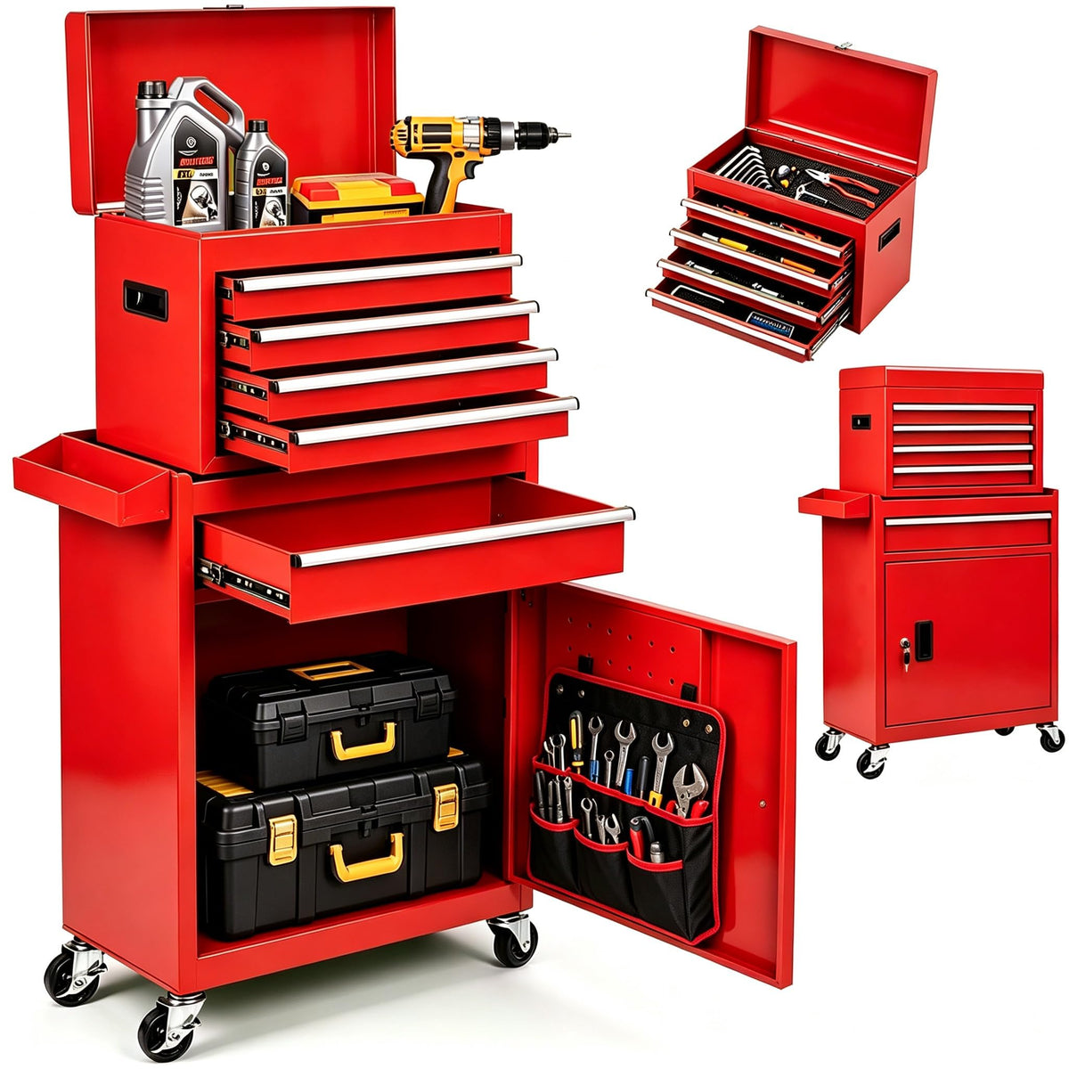 5-Drawer Rolling Tool Chest with Detachable Tool Box, Lockable Wheels, 4 Hooks, and Liner, Heavy-Duty Metal Tool Cart for Garage and Workshop Storage, Blue