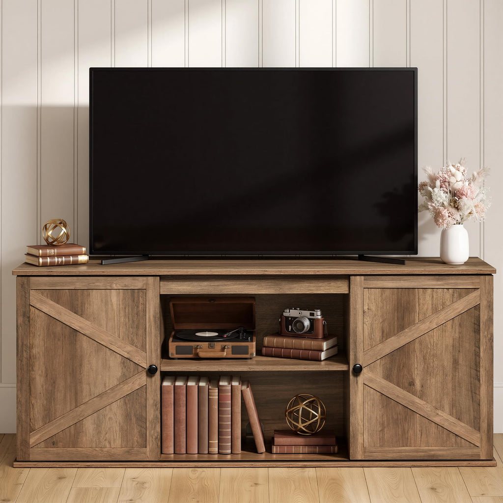 VASAGLE Farmhouse TV Stand for 65'' TV, Media Console, Sliding Barn Doors