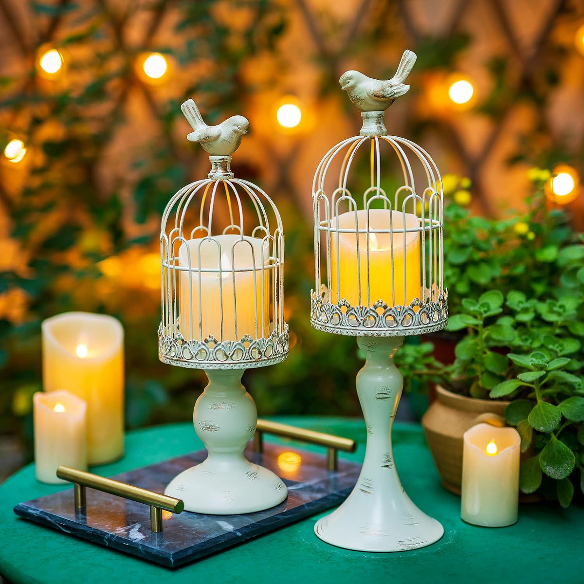 Decorative Candle Holder Bird Cage - Set of 2 Cage Lanterns for Candleholder Shabby Chic Country Home Decoration Table Centerpiece Mantel Decor-White||style1