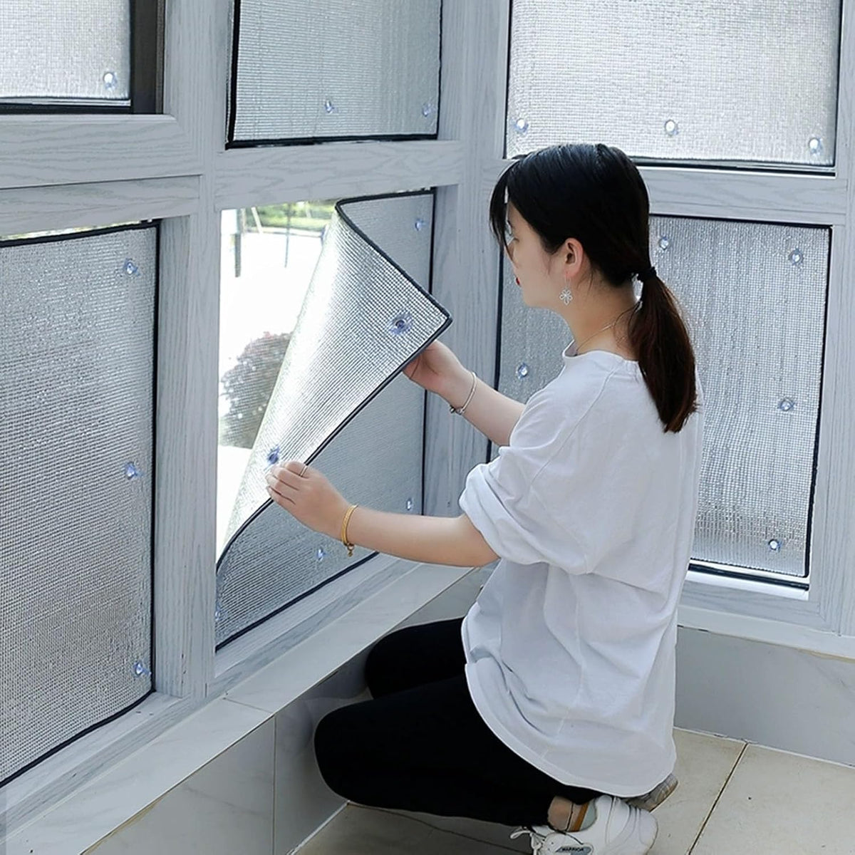 generic Cold Insulation Board Foam Panels to Keep Heat Out, Ceiling/ Wall/ Roof Insulation Roll Foam Film with Grey Edge & Suction Cups, 63'' x 27'' Silver Reflective Aluminum Foil Rv Windows