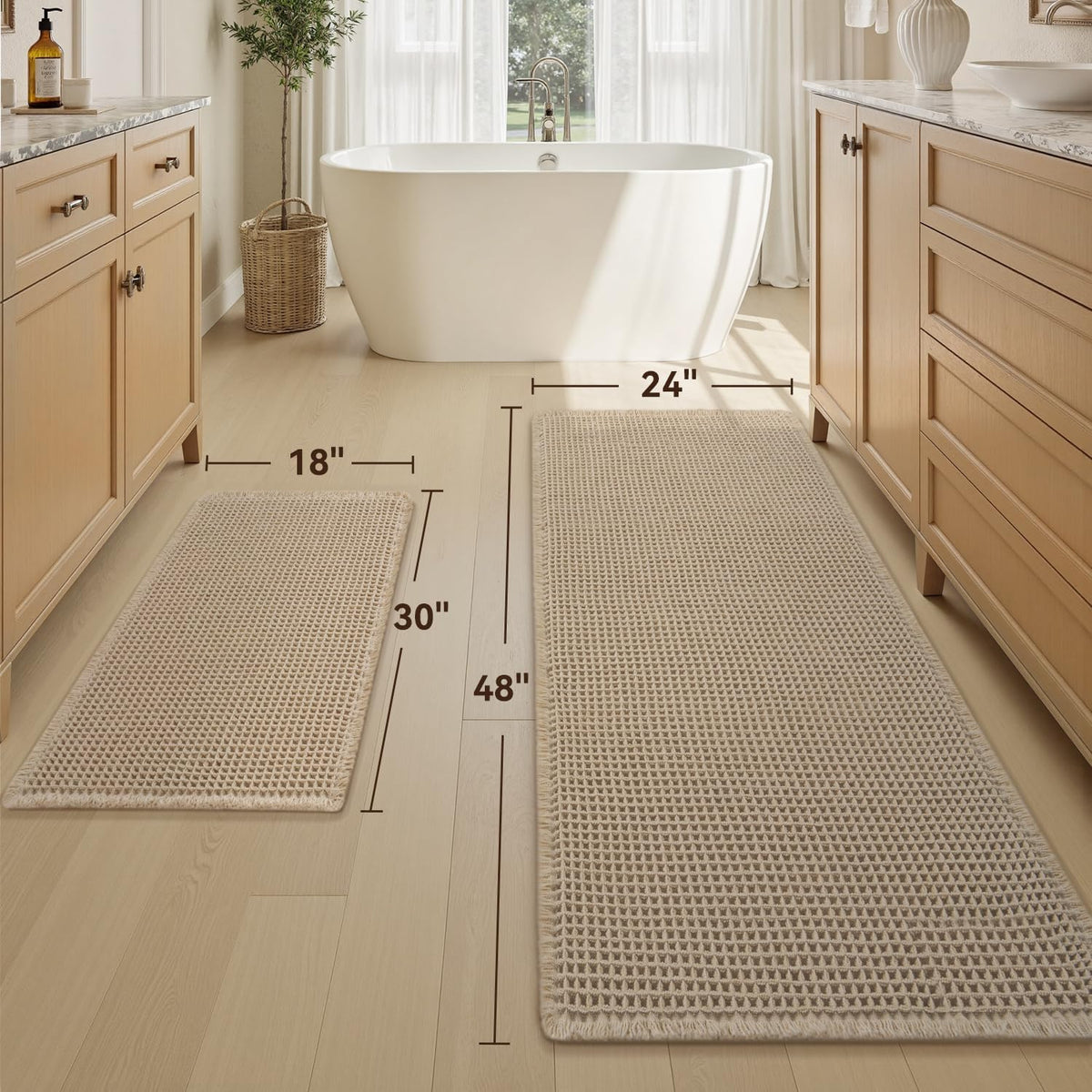Upgraded Waffle Bath Mat Set of 2 Absorbent Bathroom Mat 18"x30" + 24"x48"