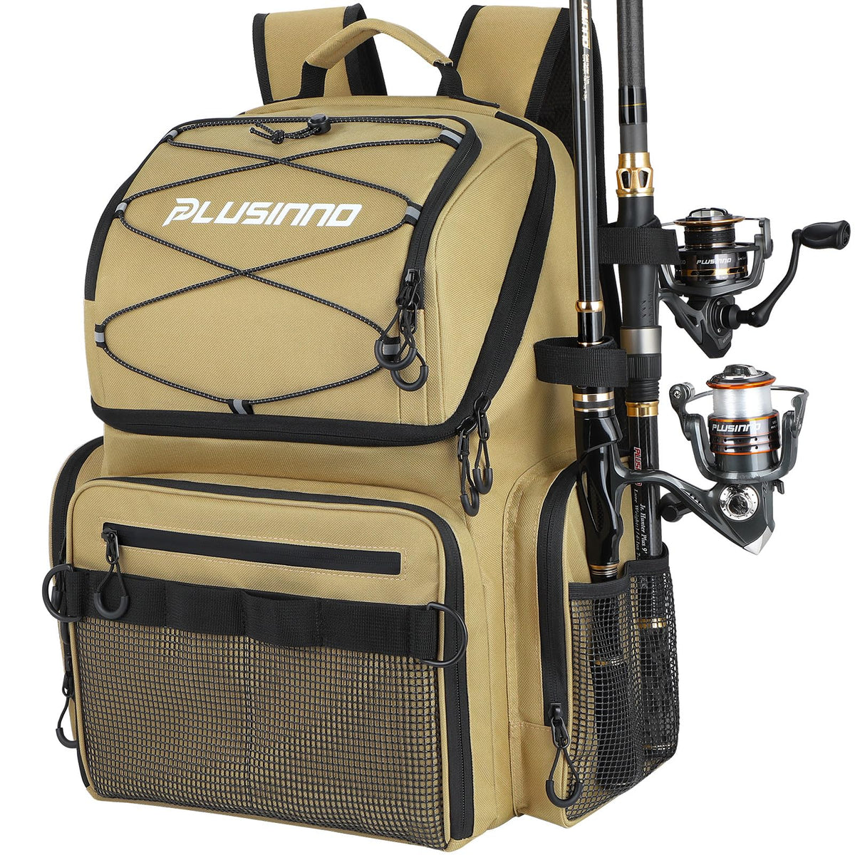 PLUSINNO Cooler Fishing Backpack with Rod Holders 45L Large Water-resistant Fishing Tackle bag Store Fishing Gear Fishing Gifts for Men Father