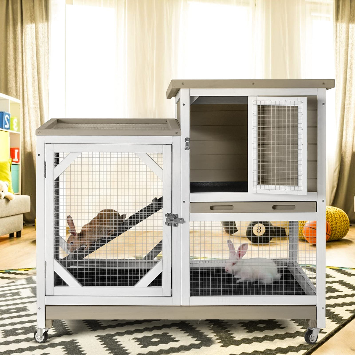 GUTINNEEN Wooden Duplex Rabbit Cage on Wheels with Chew-Proof Ramp, Grey