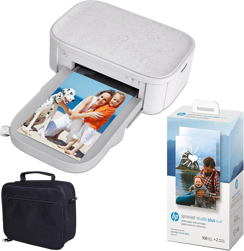 HP Sprocket Studio Plus 4x6 Wireless Instant Photo Printer, 118 Sheets + 2 Cartridges, Travel Case, Wi-Fi, Premium Dye Sublimation, Compact Home Use, Vibrant Color Pictures, Editing App