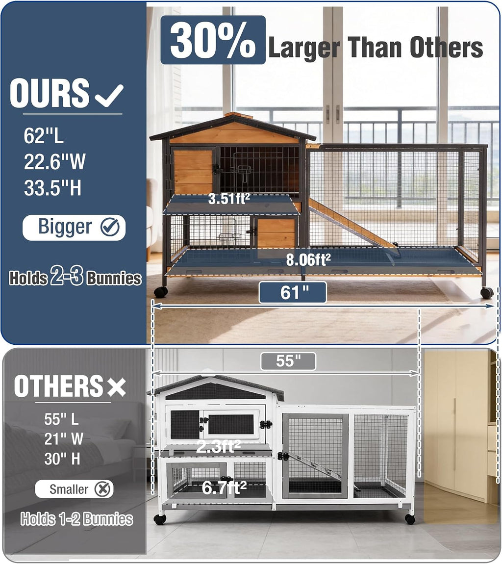 Extra Large Wooden Rabbit Hutch on Wheels with Reinforced Full Iron Frame