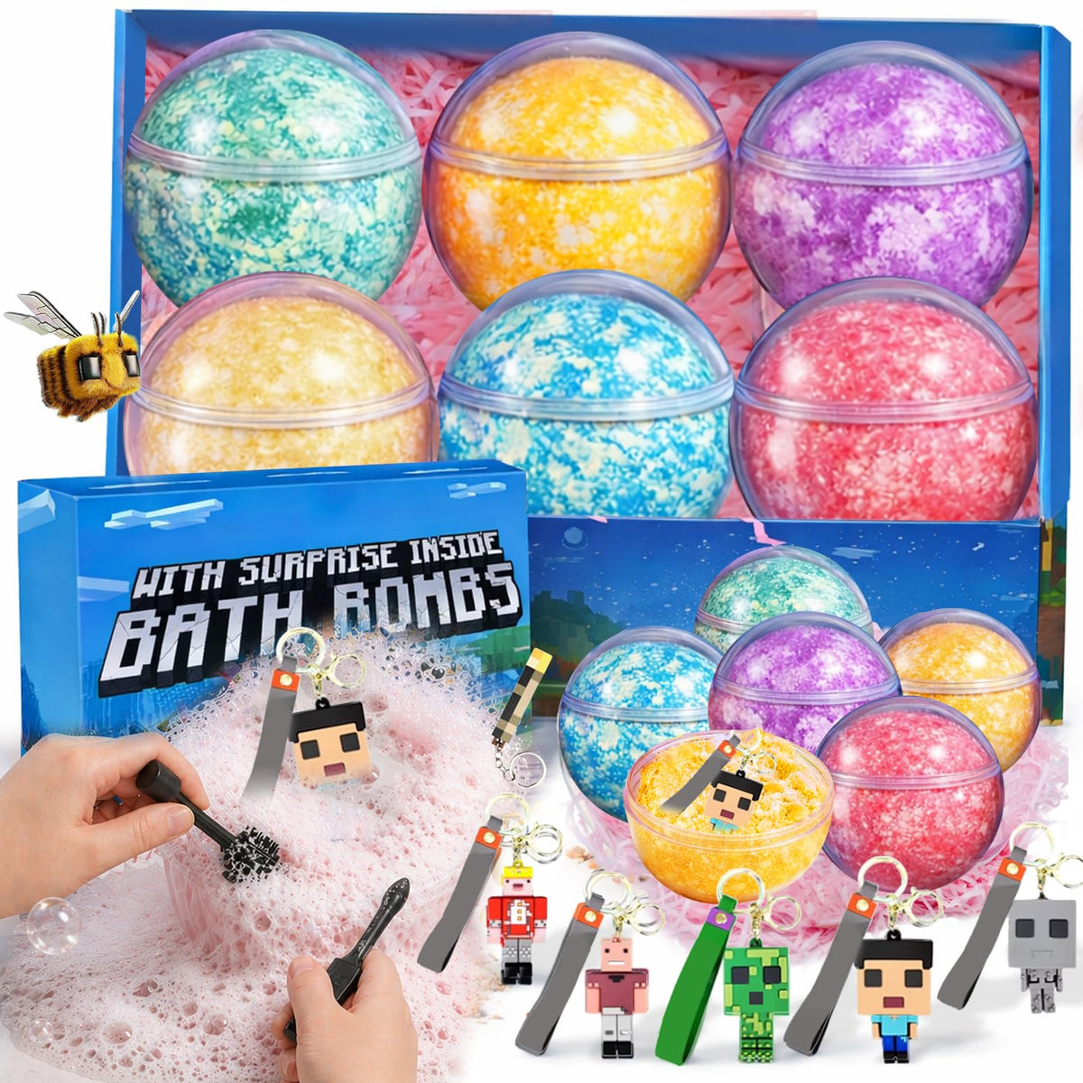 Bath Bombs for Kids: XXL Bath Bombs with Surprise Inside, Organic Bath Bombs Rich in Natural Essential Oils, Kids Bath Gift Set for Dry Skin Moisturize, Summer Party Favors for Kids (6 Pcs)