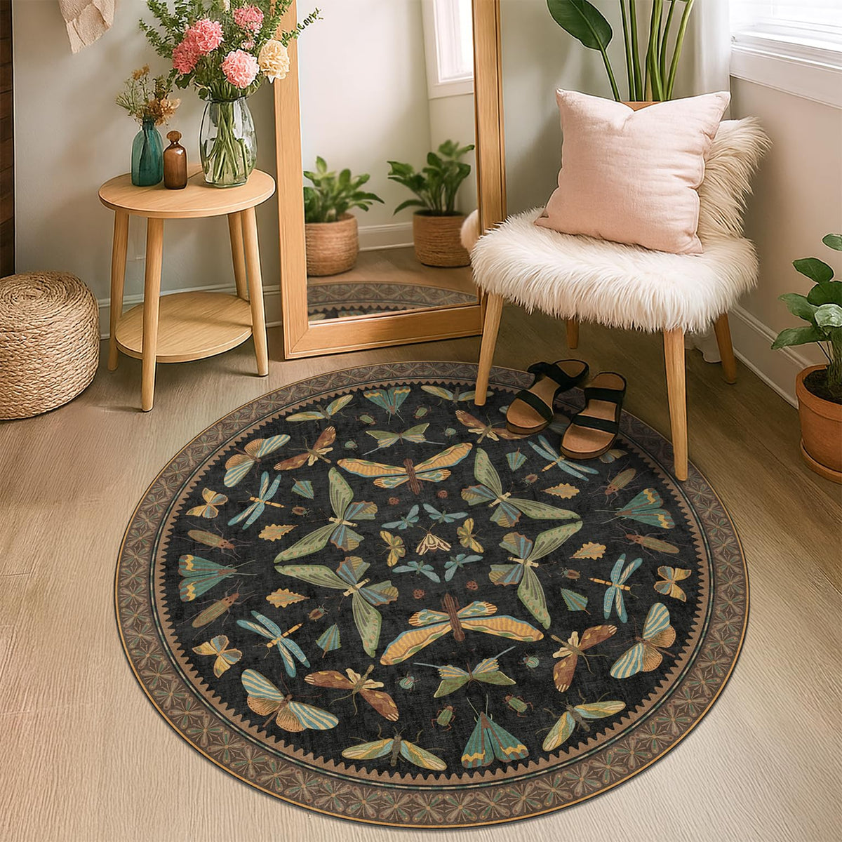 Hazo Haus Dark Green Insect Area Rugs 8x10 for Living Room, Dining Room Under Table, Bedroom, Unique Washable Floral Non Slip Low Pile Soft Rug
