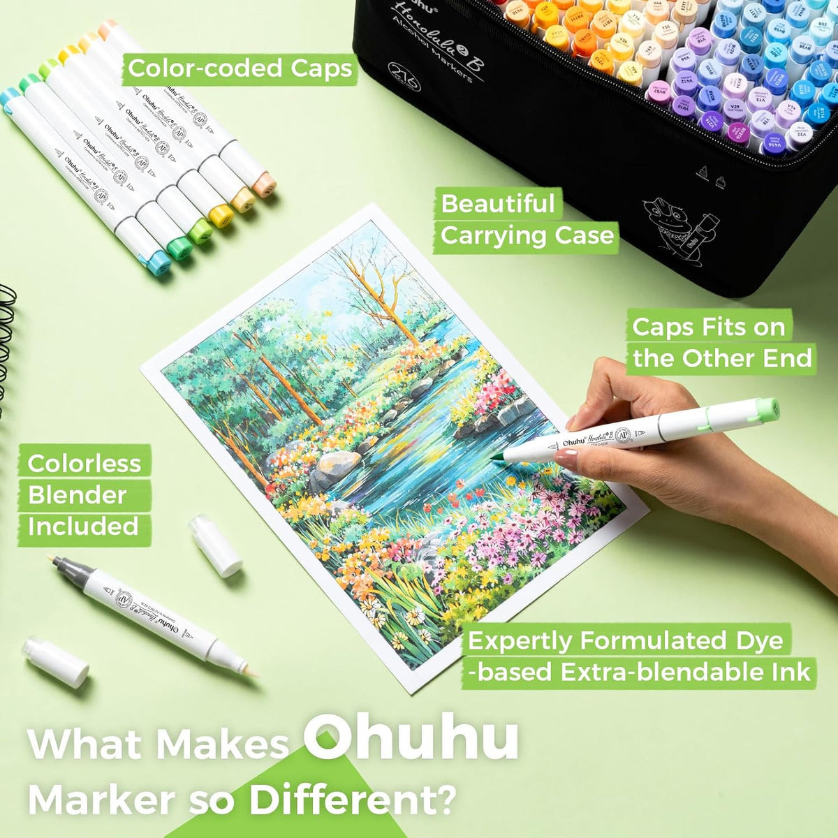 Ohuhu Alcohol Markers Brush&Fine 216-color for Artists Adults Cozy Coloring
